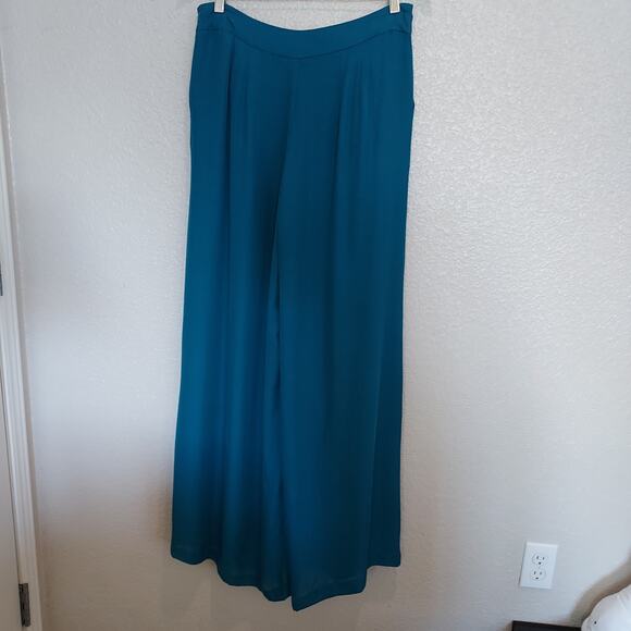 Anthropologie's Elevenses Teal Blue Super Wide Leg Palazzo Pants Pleats Size 10 - Picture 9 of 12